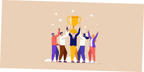 Team celebrating victory with golden trophy and shining stars