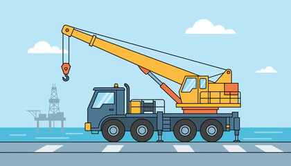 Flat Design Mobile Crane Truck on Road with Offshore Oil Rig Background, Industrial Construction Vehicle Illustration