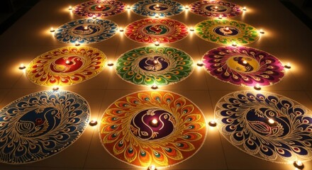 Vibrant rangoli designs illuminated by diyas for festive celebrations