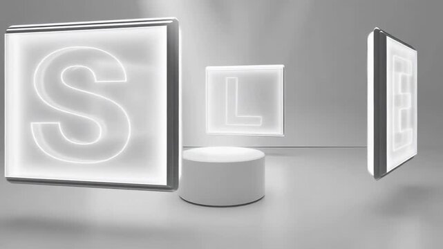 Rotating neon sales signs in modern minimalist setting with dynamic perspectives