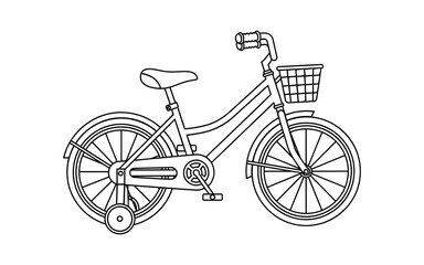Outline drawing of child's bicycle with training wheels and basket