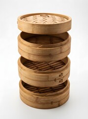 Stacked bamboo steamer with four tiers, ready for cooking delicious Asian cuisine.