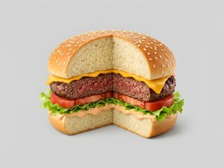 A juicy hamburger is cut in half, revealing the layers of beef patty, cheese, lettuce, tomato, and sauce between sesame seed buns.