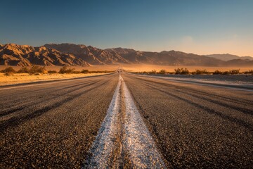 Naklejka premium Desert Highway with Bold 'New Markets' Message Across the Road at Golden Hour