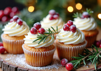 Christmas Cranberry Cupcakes. Holiday dessert against a background of fir branches and festive bokeh lights.Horizontal templatefor seasonal  cards.