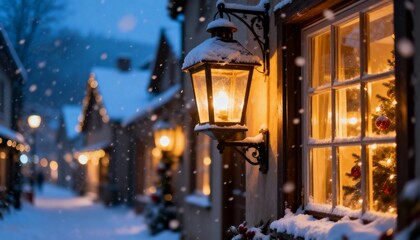 Snow-covered village street at night with glowing lanterns illuminating cozy houses adorned with christmas decorations under a serene winter sky with gently falling snowflakes