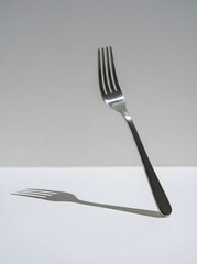 A single, shiny metal fork casts a long shadow on a white surface.