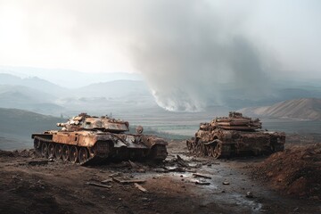 Fototapeta premium Desolate battlefield with two destroyed armored tanks amid smoke and rubble