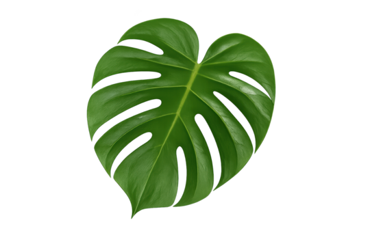 Bright green Monstera leaf with distinctive perforations on transparent background