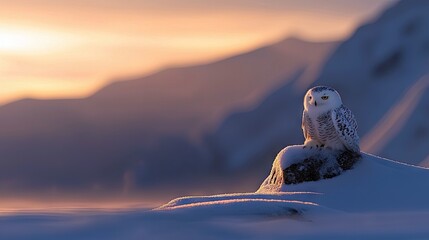 A snowy owl sits perched on a snow-covered rock, with a mountain range in the background at sunset. The scene is bathed in warm, golden light.