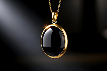 Luxurious Gold Pendant Necklace With Black Oval Gemstone On Delicate Chain For Elegant Jewelry Display