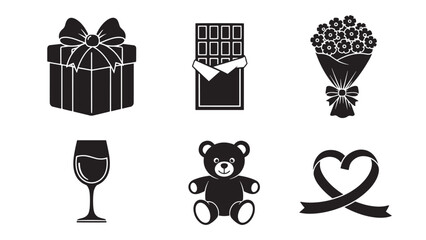 Collection of romantic gift icons including a present a chocolate bar flowers a champagne glass a teddy bear and a heart shape isolated on white background silhouette