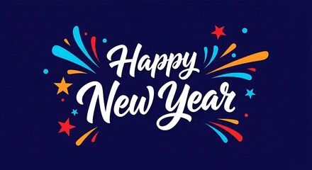 Festive happy new year greeting with colorful starbursts on dark blue background