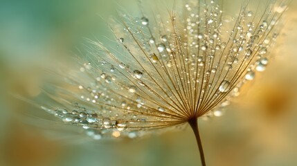 Dew-kissed dandelion seed macro shot with delicate droplets and gentle bokeh