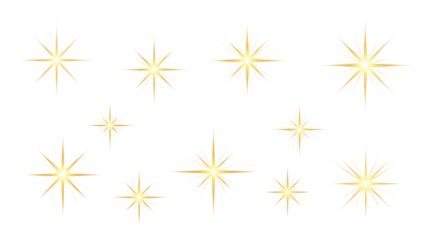 Collection of golden starbursts perfect for holiday decorations or adding a celestial touch to designs and creative projects on transparent background