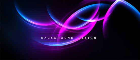 Abstract neon waves, vibrant blue, pink hues. Dark background creates dramatic visual effect. Modern design element.
