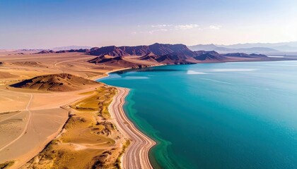 An aerial view showcases a stunning landscape with a turquoise lake meeting a desert environment, with mountains in the background under a clear, sunny sky.