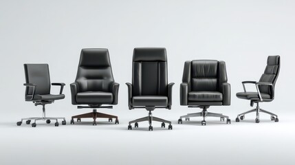 Fototapeta premium Diverse black leather seating: high-back, mid-back, and swivel chairs on a white backdrop for marketing use