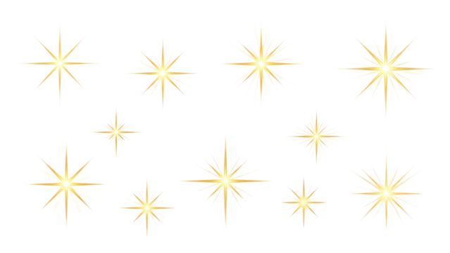 Collection of golden starbursts perfect for holiday decorations or adding a celestial touch to designs and creative projects on transparent background
