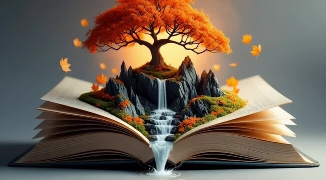 Open book displayed with miniature mountains waterfall and orange autumn tree emerging from pages creating symbolic fantasy storytelling idea. Education imagination concept