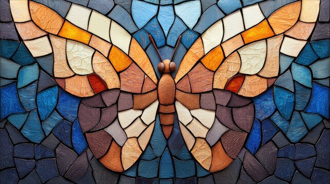 A colorful stained glass mosaic depicting a butterfly. The artwork features an abstract design with various shades of blue, orange, and brown.