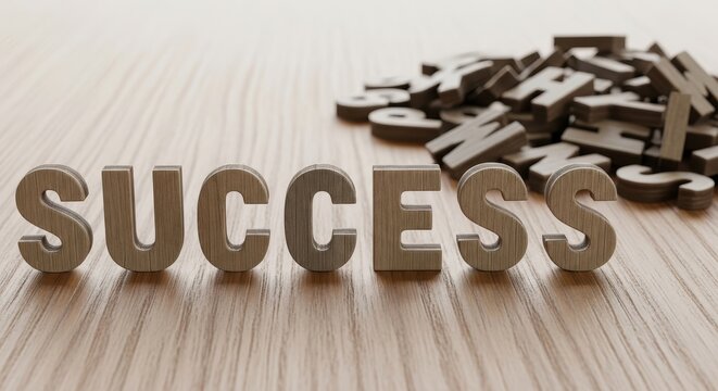 A visual representation of the word 'Success' crafted from individual wooden letters, set against a blurred background of more scattered letters, conveys the essence of accomplishment and aspiration.