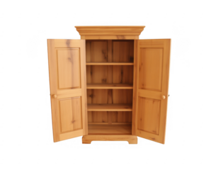 Light brown wooden cabinet with open doors and visible shelves isolated on a transparent background