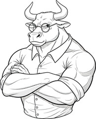 Muscular anthropomorphic bull with glasses and crossed arms in a black and white line art illustration.