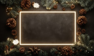 A dark rectangular background with a glowing frame, decorated with pine cones, fir branches, and small snowflakes.