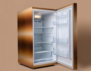 An open, empty, bronze-colored refrigerator stands against a brown background, revealing its clear shelves and interior light.