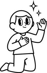 Retro cartoon character of a boy kneeling hand on heart making a sincere vow with sparkles.