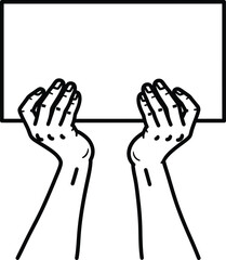 Simple black and white line art illustration of two hands holding up a blank rectangular sign.