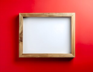 A rectangular wooden picture frame with a blank white center is mounted on a vibrant red wall, casting subtle shadows.