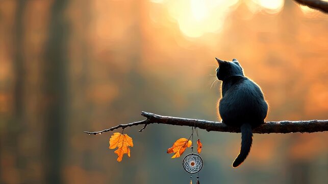 A black cat sits on a branch with autumn leaves and a dreamcatcher, silhouetted against a warm, blurred sunset background. - Powered by Adobe