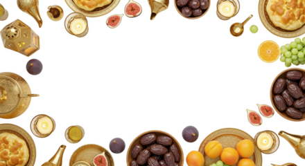 Overhead view of a variety of food items arranged in a border on a black background isolated on transparent background