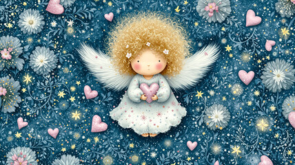 Obraz premium Whimsical Angel with Heart Amidst Floral and Starry Background