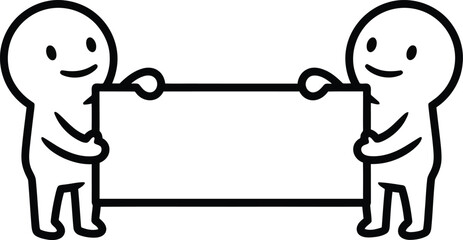 Simple black outline drawing of two cute smiling characters holding a blank banner.