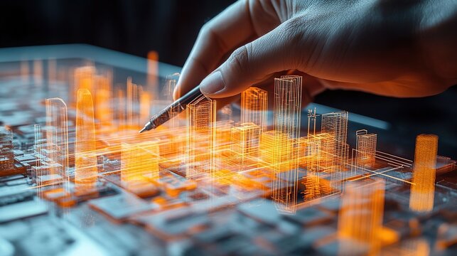 Architect crafting a futuristic city blueprint, sketching building designs with light and precision on a screen. - Powered by Adobe