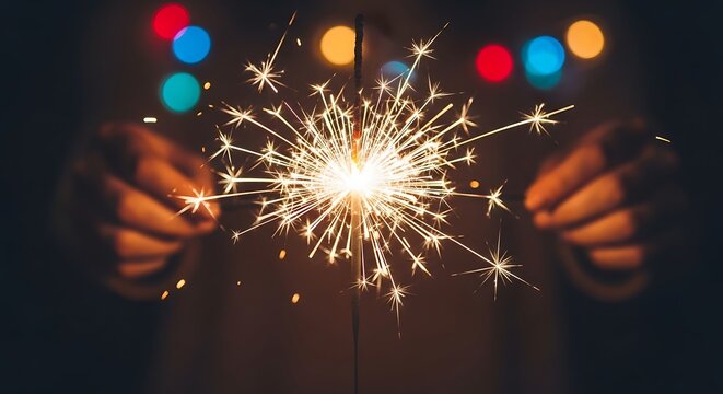 Sparkling celebration holding a bright sparkler with festive lights in the background