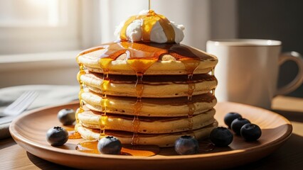 A delicious stack of golden pancakes with maple syrup, whipped cream, and fresh blueberries on a rustic plate in morning light.
