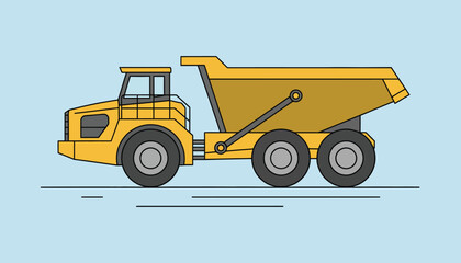 Naklejka premium Yellow Articulated Dump Truck Illustration on Light Blue Background - Heavy Construction Vehicle Flat Design Vector