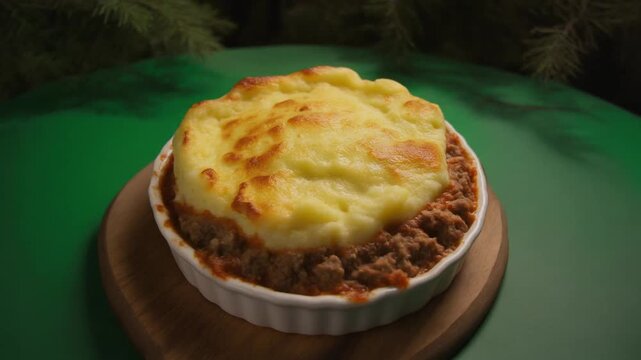 Homemade shepherd's pie with a golden crust in a white ramekin on a green background.