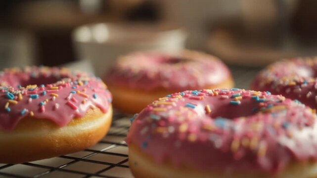Pink frosted donuts with colorful sprinkles cooling on a black wire rack.