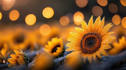 Close-up of sunflowers covered in water droplets in a field. Soft bokeh lights in the background create a warm, inviting atmosphere.