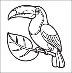 Fototapeta premium Cute adorable toucan coloring page for kids, tropical bird black line art vector illustration doodle
