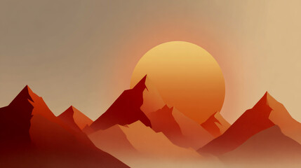 Abstract geometric vector illustration of a sun rising over the mountains, with a retro color gradient, a simple and minimalistic design featuring sharp edges