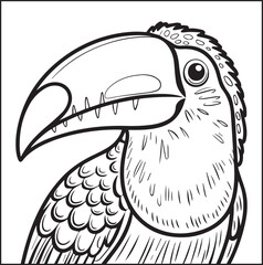 Fototapeta premium Cute adorable toucan coloring page for kids, tropical bird black line art vector illustration doodle