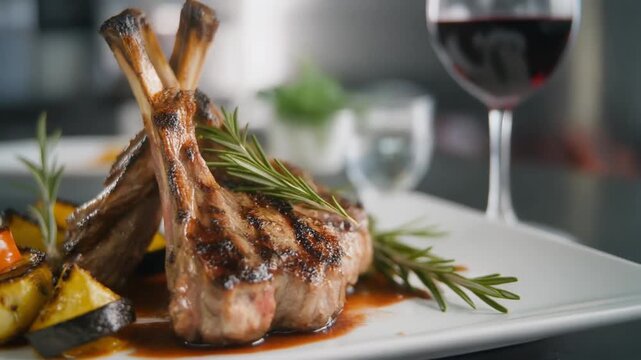 Gourmet grilled lamb chops with roasted vegetables and red wine.