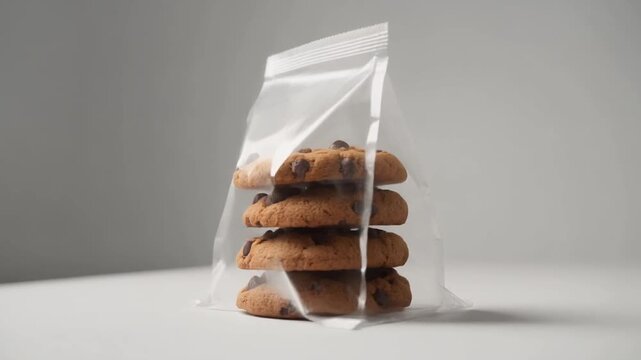 A stack of four chocolate chip cookies inside a clear, resealable plastic bag.