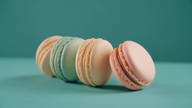 A row of colorful pastel macarons on a teal background.